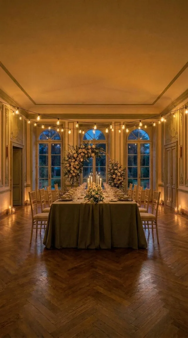 Sala allestita per un matrimonio con tavolo, fiori e luci calde